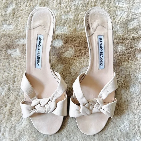 Manolo Blahnik Braided Leather Mule Slide Open Toe Kitten Heel Sandals Sz 37 1/2 - Picture 2 of 15